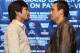 Sept 19, 2012; New York, NY, USA; Manny Pacquaio and Juan Manuel Marquez pose during the press conference announcing their fourth fight at The Edison Ballroom. Mandatory Credit: Ed Mulholland-USA TODAY Sports