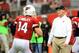 Nov. 25, 2012; Glendale, AZ, USA: Arizona Cardinals head coach Ken Whisenhunt looks on as quarterback (14) Ryan Lindley warms up prior to the game against the St. Louis Rams at University of Phoenix Stadium. Mandatory Credit: Mark J. Rebilas-USA TODAY Sports
