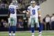 Dec 2, 2012; Arlington, TX, USA; Dallas Cowboys wide receiver Dez Bryant (88) bumps fists with quarterback Tony Romo (9) during the game against the Philadelphia Eagles at Cowboys Stadium. Mandatory Credit: Tim Heitman-USA TODAY Sports