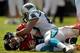 CHARLOTTE, NC - SEPTEMBER 28: Defensive end Hilee Taylor #66 of the Carolina Panthers sacks quarterback Matt Ryan #2 of the Atlanta Falcons in the third quarter of the game at Bank of America Stadium September 28, 2008 in Charlotte, North Carolina. The Carolina Panthers won the game 24-9. (Photo by Steve Dykes/Getty Images)