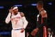 NEW YORK, NY - NOVEMBER 02: Carmelo Anthony #7 of the New York Knicks gestures to Dwyane Wade #3 of the Miami Heat at Madison Square Garden on November 2, 2012 in New York City. NOTE TO USER: User expressly acknowledges and agrees that, by downloading and or using this photograph, user is consenting to the terms and conditions of the Getty Images License Agreement. (Photo by Nick Laham/Getty Images)
