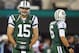 EAST RUTHERFORD, NJ - NOVEMBER 22: Quarterbacks Tim Tebow #15 and Mark Sanchez #6 of the New York Jets before the start of their game against the New England Patriots at MetLife Stadium on November 22, 2012 in East Rutherford, New Jersey. (Photo by Rich Schultz /Getty Images)