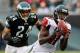PHILADELPHIA, PA - OCTOBER 28: Wide receiver Julio Jones #11 of the Atlanta Falcons catches a pass for a second quarter touchdown in front of cornerback Nnamdi Asomugha #24 of the Philadelphia Eagles at Lincoln Financial Field on October 28, 2012 in Philadelphia, Pennsylvania. (Photo by Rob Carr/Getty Images)