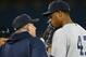Sep 27, 2012; Toronto, ON, Canada; New York Yankees starting pitcher Ivan Nova (47) gets a visit to the mound from pitching coach Larry Rothschild (58) against the Toronto Blue Jays at the Rogers Centre. The Blue Jays beat the Yankees 6-0. Mandatory Credit: Tom Szczerbowski-USA TODAY Sports