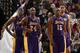 SACRAMENTO, CA - NOVEMBER 21: Dwight Howard #12, Kobe Bryant #24, Metta World Peace #15, and Pau Gasol #16 of the Los Angeles Lakers stand together during a time out during their loss against the Sacramento Kings at Power Balance Pavilion on November 21, 2012 in Sacramento, California. NOTE TO USER: User expressly acknowledges and agrees that, by downloading and or using this photograph, User is consenting to the terms and conditions of the Getty Images License Agreement. (Photo by Ezra Shaw/Getty Images)