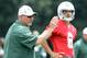 June 14, 2012; Florham Park, NJ, USA; New York Jets offensive coordinator Tony Sparano speaks while quarterback Mark Sanchez (6) looks on during minicamp at the Atlantic Health Training Center. Mandatory Credit: Ed Mulholland-USA TODAY Sports