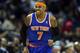 CHARLOTTE, NC - DECEMBER 05: Carmelo Anthony #7 of the New York Knicks reacts after making a basket during their game against the Charlotte Bobcats at Time Warner Cable Arena on December 5, 2012 in Charlotte, North Carolina. NOTE TO USER: User expressly acknowledges and agrees that, by downloading and or using this photograph, User is consenting to the terms and conditions of the Getty Images License Agreement. (Photo by Streeter Lecka/Getty Images)