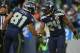 Dec 9, 2012; Seattle, WA, USA; Seattle Seahawks running back Marshawn Lynch (24) shakes hands with receiver Golden Tate (24) after scoring on a 33-yard touchdown run in the third quarter against the Arizona Cardinals at CenturyLink Field. The Seahawks defeated the Cardinals 58-0. Mandatory Credit: Kirby Lee/Image of Sport-USA TODAY Sports