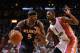 March 7, 2012; Miami, FL, USA; Atlanta Hawks power forward Josh Smith (5) drives against Miami Heat power forward Chris Bosh (1) during the first half at American Airlines Arena. Mandatory Credit: Steve Mitchell-USA TODAY Sports