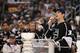 LOS ANGELES, CA - JUNE 14: Jonathan Quick #32 of the Los Angeles Kings addresses the fans during the rally in Staples Center after the Los Angeles Kings Stanley Cup Victory Parade on June 14, 2012 in Los Angeles, California. (Photo by Victor Decolongon/Getty Images)