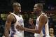 OKLAHOMA CITY, OK - DECEMBER 07: Kevin Durant #35 and Serge Ibaka #9 of the Oklahoma City Thunder talk after Ibake and Metta World Peace #15 of the Los Angeles Lakers exchanged words December 7, 2012 at Chesapeake Energy Arena in Oklahoma City, Oklahoma. Oklahoma City defeated Los Angeles 114-108. NOTE TO USER: User expressly acknowledges and agrees that, by downloading and or using this photograph, User is consenting to the terms and conditions of the Getty Images License Agreement. (Photo by Brett Deering/Getty Images)