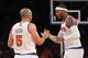 NEW YORK, NY - DECEMBER 09: Carmelo Anthony #7 (R) thanks Jason Kidd #5 (L) of the New York Knicks for his pass in the fourth quarter against the Denver Nuggets at Madison Square Garden on December 9, 2012 in New York City. NOTE TO USER: User expressly acknowledges and agrees that, by downloading and/or using this photograph, user is consenting to the terms and conditions of the Getty Images License Agreement. The Knicks defeated the Nuggets 112-106. (Photo by Bruce Bennett/Getty Images)
