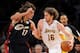 LOS ANGELES, CA - DECEMBER 25: Pau Gasol #16 of the Los Angeles Lakers drives against Anderson Varejao #17 of the Cleveland Cavaliers at Staples Center on December 25, 2009 in Los Angeles, California. NOTE TO USER: User expressly acknowledges and agrees that, by downloading and or using this photograph, User is consenting to the terms and conditions of the Getty Images License Agreement. (Photo by Lisa Blumenfeld/Getty Images)