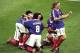 12 Jul 1998: Joy for France as Zinedine Zidane scores one of his two goals during the World Cup Final against Brazil at the Stade de France in St Denis. France won 3-0. \ Mandatory Credit: Stu Forster /Allsport