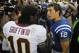 Aug 25, 2012; Landover, MD, USA; Indianapolis Colts quarterback Andrew Luck (12) talks with Washington Redskins quarterback Robert Griffin III (10) after the game at FedEX Field. Mandatory Credit: Brad Mills-USA TODAY Sports