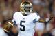 Nov 24, 2012; Los Angeles, CA, USA; Notre Dame Fighting Irish quarterback Everett Golson (5) scrambles against the Southern California Trojans at the Los Angeles Memorial Coliseum. Mandatory Credit: Kirby Lee/Image of Sport-USA TODAY Sports