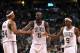 BOSTON, MA - JUNE 03: (L-R) Paul Pierce #34, Kevin Garnett #5 and Rajon Rondo #9 of the Boston Celtics celebrate a play against the Miami Heat in Game Four of the Eastern Conference Finals in the 2012 NBA Playoffs on June 3, 2012 at TD Garden in Boston, Massachusetts. The Celtics won 93-91. NOTE TO USER: User expressly acknowledges and agrees that, by downloading and or using this photograph, User is consenting to the terms and conditions of the Getty Images License Agreement. (Photo by Jim Rogash/Getty Images)