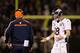 OAKLAND, CA - DECEMBER 06: Head coach John Fox of the Denver Broncos talks turnover Peyton Manning #18 on the sidelines during their game against the Oakland Raiders at O.co Coliseum on December 6, 2012 in Oakland, California. (Photo by Ezra Shaw/Getty Images)