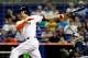 Sept 5, 2012; Miami, FL, USA; Miami Marlins right fielder Giancarlo Stanton (27) at bat against the Milwaukee Brewers at Marlins Park. Mandatory Credit: Steve Mitchell-USA TODAY Sports