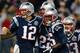 FOXBORO, MA - DECEMBER 10: Stevan Ridley #22 of the New England Patriots celebrates his touchdown run with Tom Brady, Brandon Lloyd #85, and Wes Welker #83 of the New England Patriots in the second half against the Houston Texans at Gillette Stadium on December 10, 2012 in Foxboro, Massachusetts. (Photo by Jim Rogash/Getty Images)