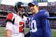 EAST RUTHERFORD, NJ - NOVEMBER 22: Eli Manning #10 of the New York Giants talks with Matt Ryan #2 of the Atlanta Falcons after their game on November 22, 2009 at Giants Stadium in East Rutherford, New Jersey. The Giants defeated the Falcons 34-31 in overtime. (Photo by Jim McIsaac/Getty Images)