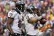 LANDOVER, MD - DECEMBER 09: Running back Ray Rice #27 of the Baltimore Ravens celebrates with teammate Anquan Boldin #81 after scoring a touchdown against the Washington Redskins during the fourth quarter of the Ravens 31-28 loss at FedExField on December 9, 2012 in Landover, Maryland. (Photo by Rob Carr/Getty Images)