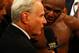 LAS VEGAS, NV - MAY 05: HBO commentator Larry Merchant interviews Floyd Mayweather Jr. after Mayweather Jr. defeats Miguel Cotto by unanimous decision during their WBA super welterweight title fight at the MGM Grand Garden Arena on May 5, 2012 in Las Vegas, Nevada. (Photo by Al Bello/Getty Images)