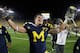 ANN ARBOR, MI - SEPTEMBER 10: Taylor Lewan #77 of the Michigan Wolverines reacts after beating the Notre Dame Fighting Irish 35-31 at Michigan Stadium on September 10, 2010 in Ann Arbor, Michigan. (Photo by Gregory Shamus/Getty Images)