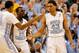 GREENSBORO, NC - MARCH 18: (R) James Michael McAdoo #43 of the North Carolina Tar Heels celebrates after making a basket with teammates John Henson #31 and P.J. Hairston #15 in the first half against the Creighton Bluejays during the third round of the 2012 NCAA Men's Basketball Tournament at Greensboro Coliseum on March 18, 2012 in Greensboro, North Carolina. (Photo by Streeter Lecka/Getty Images)