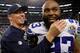ARLINGTON, TX - DECEMBER 16: Head coach Jason Garrett of the Dallas Cowboys celebrates with Anthony Spencer #93 of the Dallas Cowboys after the Dallas Cowboys beat the Pittsburgh Steelers 27-24 at Cowboys Stadium on December 16, 2012 in Arlington, Texas. (Photo by Tom Pennington/Getty Images)