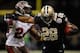 NEW ORLEANS, LA - DECEMBER 16: Mark Ingram #28 of the New Orleans Saints is pushed out of bounds by Mark Barron #24 of the Tampa Bay Buccaneers at the Mercedes-Benz Superdome on December 16, 2012 in New Orleans, Louisiana. The Saints defeated the Buccs 41-0. (Photo by Chris Graythen/Getty Images)