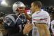 Dec 16, 2012; Foxboro, Massachusetts, USA; New England Patriots quarterback Tom Brady (12) meets San Francisco 49ers quarterback Colin Kaepernick (7) at midfield after the game at Gillette Stadium. The San Francisco 49ers won 41-34. Mandatory Credit: Greg M. Cooper-USA TODAY Sports