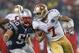FOXBORO, MA - DECEMBER 16: Colin Kaepernick #7 of the San Francisco 49ers feels the pressure of Rob Ninkovich #50 of the New England Patriots in the second half at Gillette Stadium on December 16, 2012 in Foxboro, Massachusetts. (Photo by Jim Rogash/Getty Images)