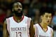 HOUSTON, TX - NOVEMBER 23: James Harden #13 and Jeremy Lin #7 of the Houston Rockets wait for a play against the New York Knicks at the Toyota Center on November 23, 2012 in Houston, Texas. NOTE TO USER: User expressly acknowledges and agrees that, bagainst the Newy downloading and or using this photograph, User is consenting to the terms and conditions of the Getty Images License Agreement. (Photo by Scott Halleran/Getty Images)