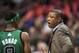 Dec 07, 2012; Philadelphia, PA, USA; Boston Celtics head coach Doc Rivers talks with guard Rajon Rondo (9) during the fourth quarter against the Philadelphia 76ers at the Wachovia Center. The Sixers defeated the Celtics 95-94 in overtime. Mandatory Credit: Howard Smith-USA TODAY Sports