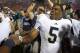 Nov. 24, 2012; Los Angeles, CA, USA; Notre Dame Fighting Irish quarterback Everett Golson (5) celebrates after Notre Dame defeated the USC Trojans 22-13 at the Los Angeles Memorial Coliseum. Mandatory Credit: Matt Cashore-USA TODAY Sports