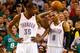 BOSTON, MA - NOVEMBER 23: Kevin Durant #35 and Russell Westbrook #0 of the Oklahoma City Thunder talk while waiting during an official review against the Boston Celtics during the game on November 23, 2012 at TD Garden in Boston, Massachusetts. NOTE TO USER: User expressly acknowledges and agrees that, by downloading and or using this photograph, User is consenting to the terms and conditions of the Getty Images License Agreement. (Photo by Jared Wickerham/Getty Images)