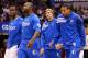 Oct 26, 2012; Dallas, TX, USA; Dallas Mavericks power forward Dirk Nowitzki (back) walks off the court before his teammates at halftime during the game against the Charlotte Bobcats at American Airlines Center. Dallas won 99-82. Mandatory Credit: Kevin Jairaj-USA TODAY Sports