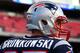 FOXBORO, MA - NOVEMBER 18: Rob Gronkowski #87 of the New England Patriots watches on before a game against the Indianapolis Colts at Gillette Stadium on November 18, 2012 in Foxboro, Massachusetts. (Photo by Jim Rogash/Getty Images)