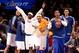 Dec. 13, 2012; New York, NY, USA; New York Knicks small forward Carmelo Anthony (7) and players celebrate on the bench against the Los Angeles Lakers during the first half at Madison Square Garden. Mandatory Credit: Debby Wong-USA TODAY Sports