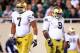 September 15, 2012; East Lansing, MI, USA; Notre Dame Fighting Irish defensive end Stephon Tuitt (7) and defensive lineman Louis Nix III (9) look over the Michigan State Spartans offense during the 2nd half at Spartan Stadium. Norte Dame won 20-3 Mandatory Credit: Mike Carter-USA TODAY Sports