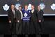 PITTSBURGH, PA - JUNE 22: Morgan Rielly (C), fifth overall pick by the Toronto Maple Leafs, poses with team representatives on during Round One of the 2012 NHL Entry Draft at Consol Energy Center on June 22, 2012 in Pittsburgh, Pennsylvania. (Photo by Bruce Bennett/Getty Images)