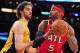 February 14, 2012; Los Angeles, CA, USA; Atlanta Hawks power forward Josh Smith (5) controls the ball against the defense of Los Angeles Lakers power forward Pau Gasol (16) during the first half at Staples Center. Mandatory Credit: Gary A. Vasquez-USA TODAY Sports