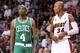 Oct 30, 2012; Miami, FL, USA; Boston Celtics shooting guard Jason Terry (4) and Miami Heat shooting guard Ray Allen (34) at American Airlines Arena. Mandatory Credit: Steve Mitchell-USA TODAY Sports