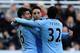 NEWCASTLE UPON TYNE, ENGLAND - DECEMBER 15: Sergio Aguero of Manchester City is congratulated on his goal by Samir Nasri and Carlos Tevez during the Barclays Premier League match between Newcastle United and Manchester City at St James' Park on December 15, 2012 in Newcastle upon Tyne, England. (Photo by Laurence Griffiths/Getty Images)
