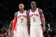 Dec 25, 2011; New York, NY, USA; New York Knicks power forward Amare Stoudemire (1) and small forward Carmelo Anthony (7) during the first quarter against the Boston Celtics at Madison Square Garden. Mandatory Credit: Anthony Gruppuso-USA TODAY Sports