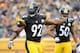 PITTSBURGH, PA - OCTOBER 07: James Harrison #92 of the Pittsburgh Steelers signals a teammate during the game against the Philadelphia Eagles on October 7, 2012 at Heinz Field in Pittsburgh, Pennsylvania. (Photo by Joe Sargent/Getty Images)