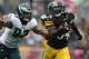 Oct 7, 2012; Pittsburgh , PA, USA; Pittsburgh Steelers running back Rashard Mendenhall (34) runs the ball past Philadelphia Eagles defensive end Justin Babin (93) during the first half of the game at Heinz Field. Mandatory Credit: Jason Bridge-USA TODAY Sports