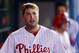 PHILADELPHIA, PA - SEPTEMBER 25: Darin Ruf #18 of the Philadelphia Phillies walks through dugout after hitting his first major league home run during the game against the Washington Nationals at Citizens Bank Park on September 25, 2012 in Philadelphia, Pennsylvania. (Photo by Drew Hallowell/Getty Images)