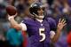 BALTIMORE, MD - DECEMBER 16: Quarterback Joe Flacco #5 of the Baltimore Ravens throws a pass during the second half against the Denver Broncos at M&T Bank Stadium on December 16, 2012 in Baltimore, Maryland. (Photo by Rob Carr/Getty Images)